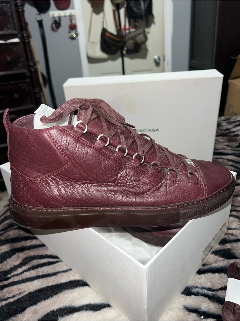 Balenciaga Men’s Burgundy Leather High-Top Sneaker with Dark Brown Sole